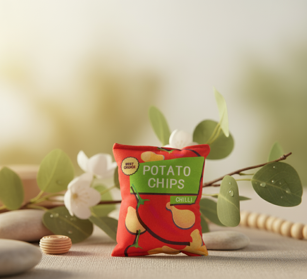 Peluche paquet de chips moelleux et papier froissé